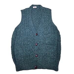 Carraigdonn 100% Pure New Wool Cable Knit Green/Black Brown Buttons size Large